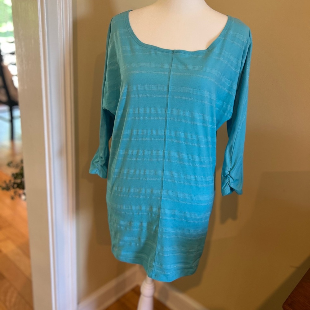 ATHLETA Turquoise Blue Silver Metallic Stripe Tunic Top 3/4 Ruched Sleeve XXS